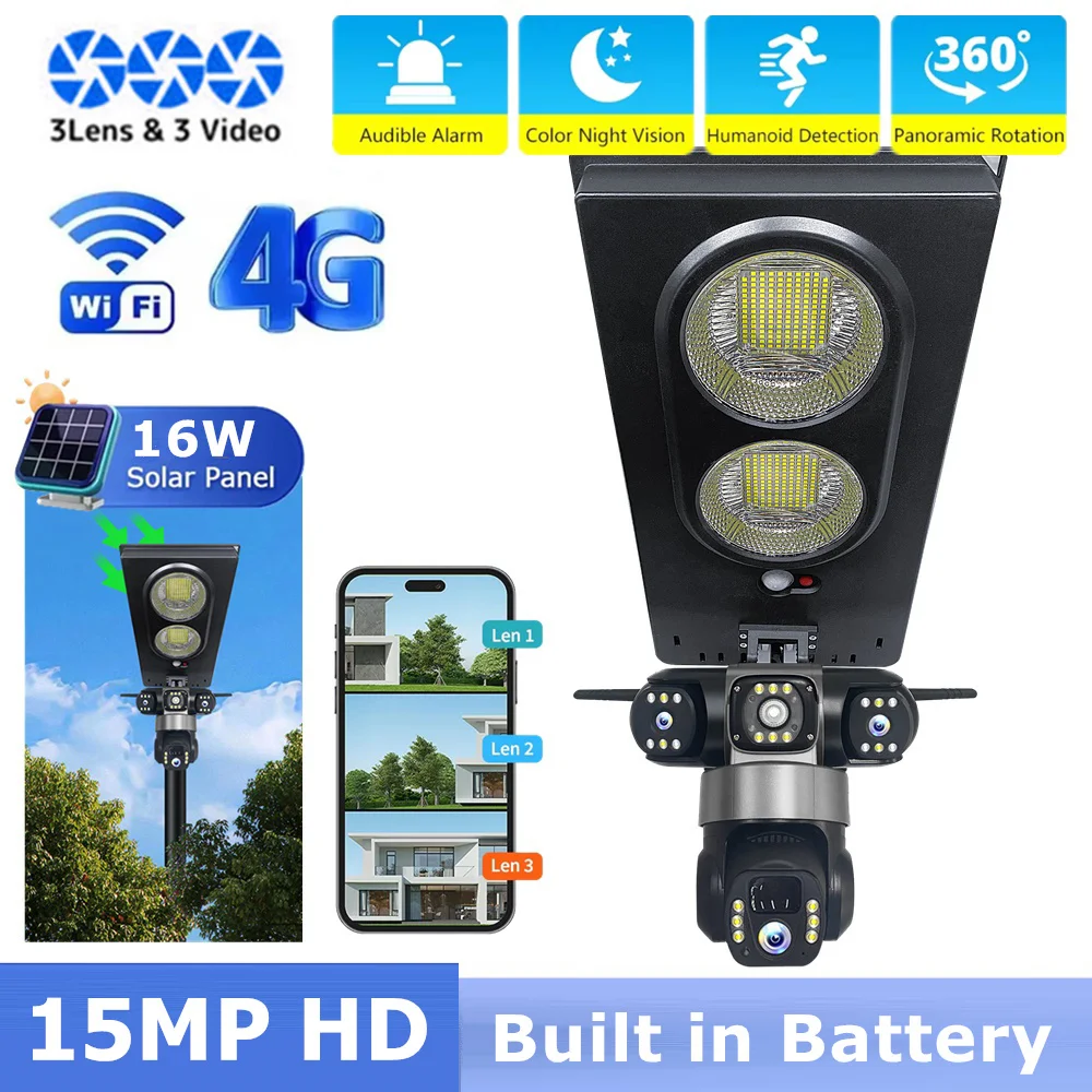 

V380 Solar Camera with LED Lamp CCTV,Three Lens Remote Control Phone 15MP Outdoor Wifi 4G Wireless IP Cam Two Way PIR Detection