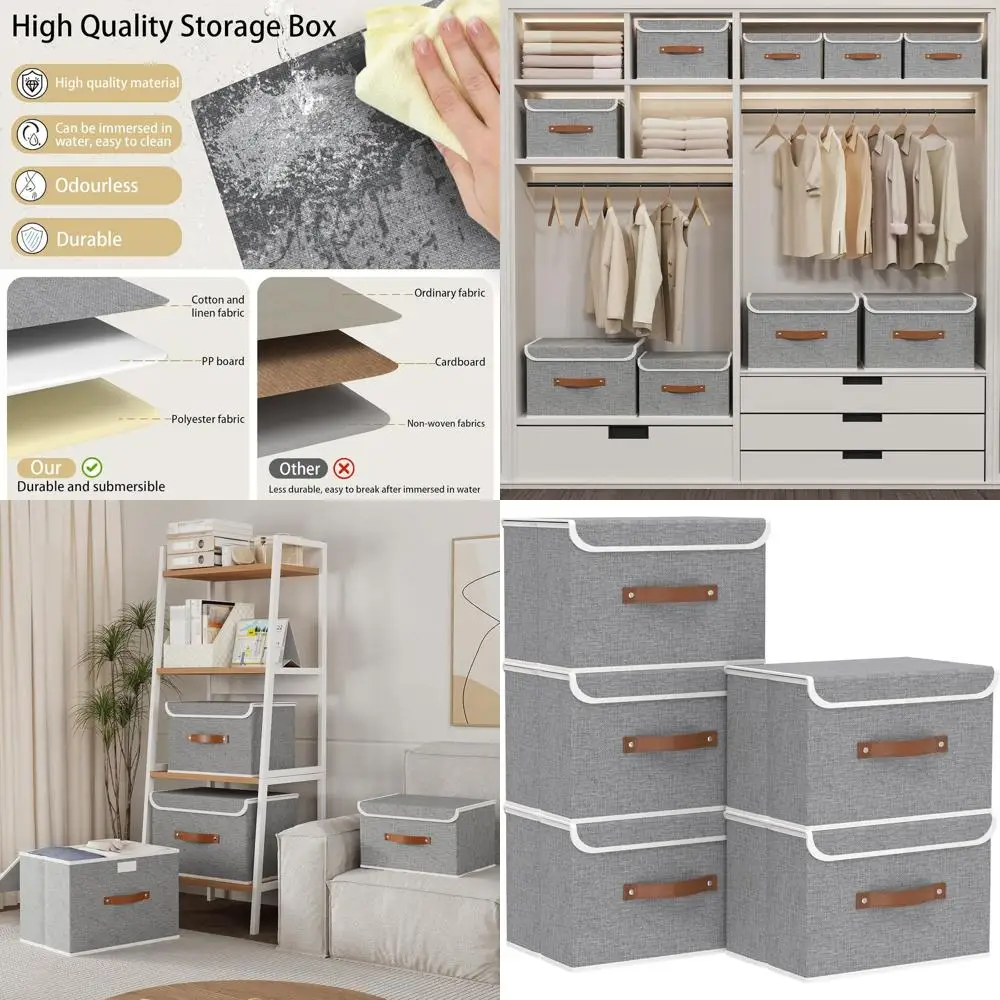 

Набор из 5 серых тканевых контейнеров для хранения с крышками и ручками для дома и организации пространства в шкафу