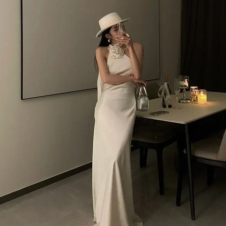 Plus Size French Style Floral One Shoulder Satin Evening Dress for Women Summer Sexy Backless Gown with Flowing Ribbon Detail