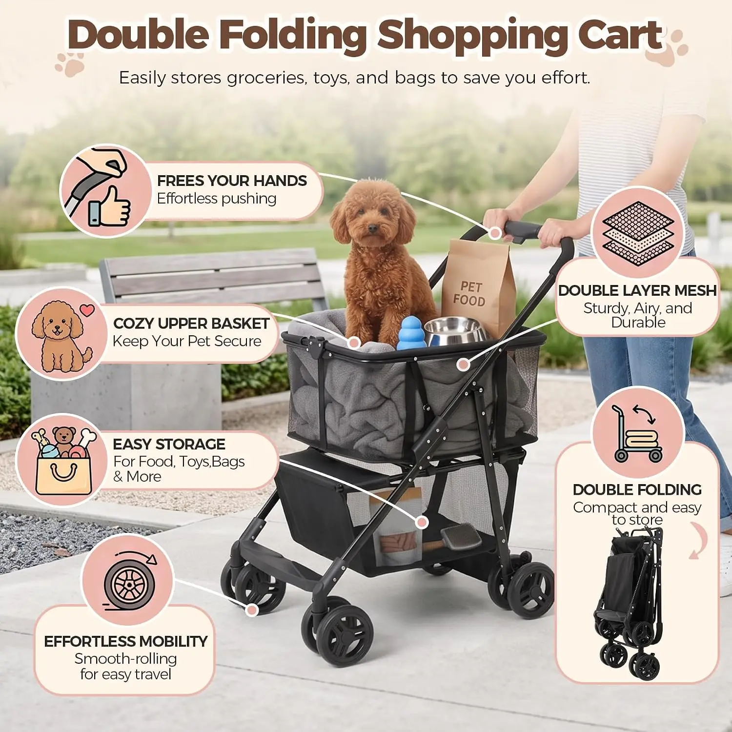 Heavy Duty Folding Shopping Cart, 2-in-1 Grocery Cart w/360° Swivel Wheels & Detachable Canvas Bag, Collapsible Trolley