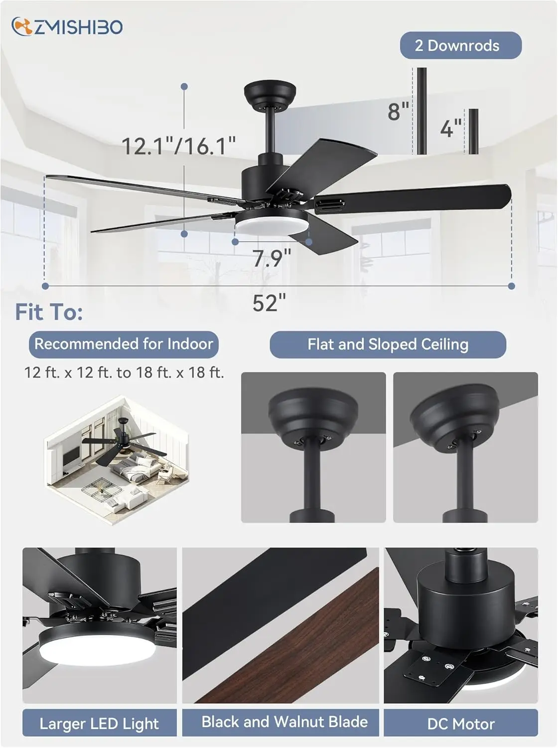 Modern Black teto fãs com controle remoto, Farmhouse luzes, interior ventilador de teto, 52 polegadas, 2 Packs