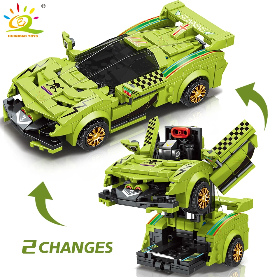 HUIQIBAO One Step Transfrom Racing Car Model Building Blocks 2in1 Robot Mecha Creative Bricks Set Children Toy For Kids Boy Game