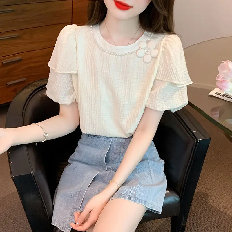 Women Summer Korean Fashion Lace Solid Color O-neck Short Sleeve Shirts Women Clothes Casual All-match Appear Thin Trend Tops