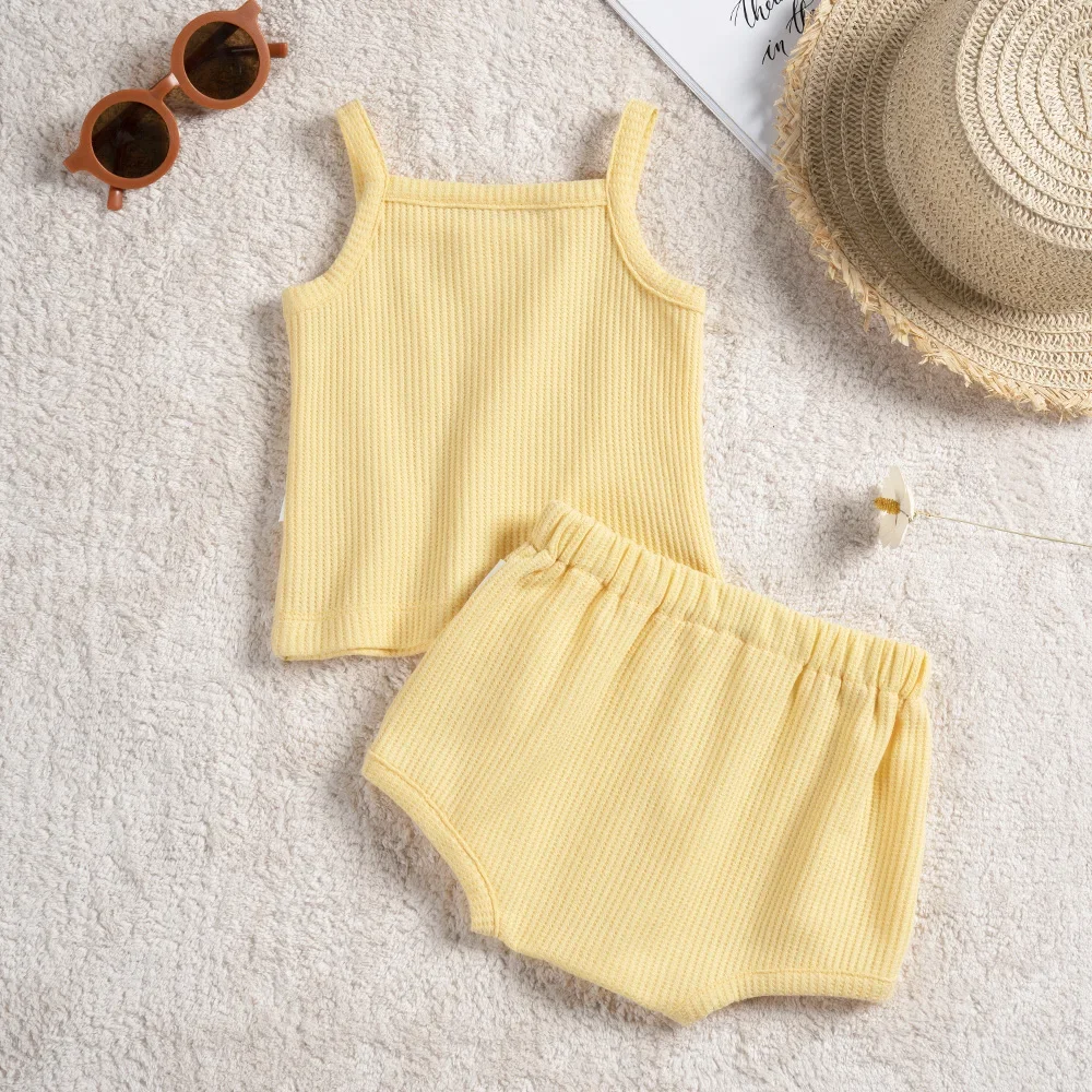 Baby Clothes Sets Summer Toddler Girl Strap Suits Cotton Solid Baby Boy Tops Tee and Shorts Infant Tracksuit Newborn Sets