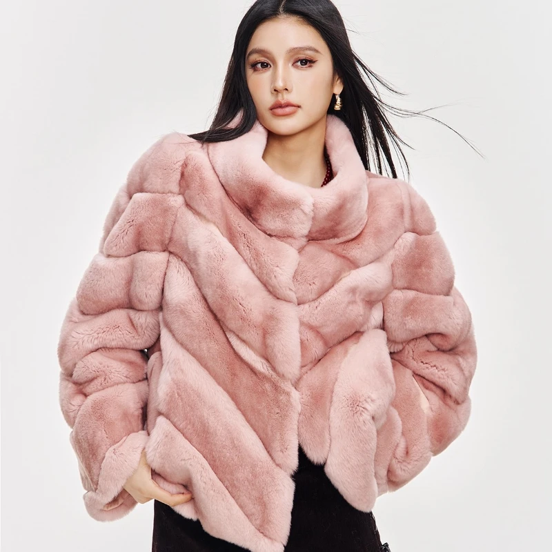 YOLANFAIRY Jesienno-zimowa kurtka z krótkim futrem z importowanego futra królika rex z motywem Totora, damska, ze stójką, do pracy, шуба 2025