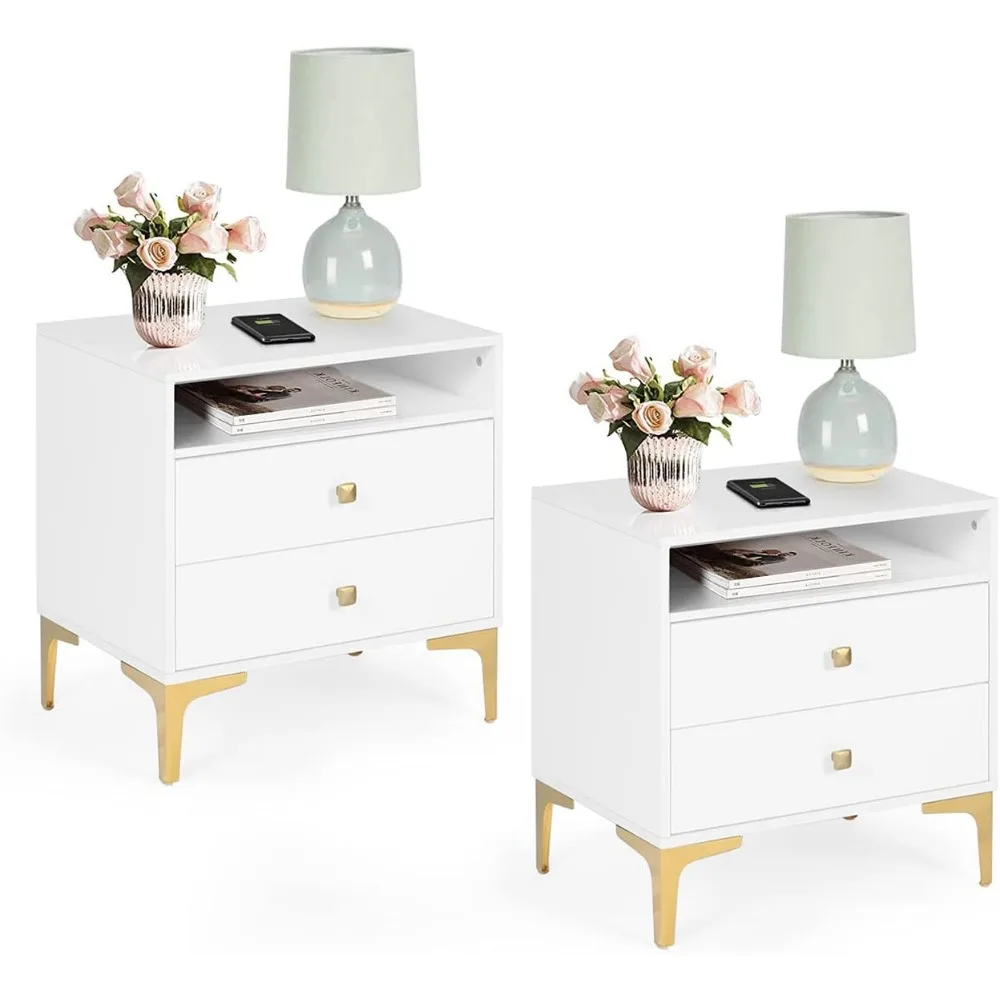 

Nightstands Set of 2 with Wireless Charging Function Wooden Night Stands 2 Sets with Drawers and Open Shelf Storage End Table