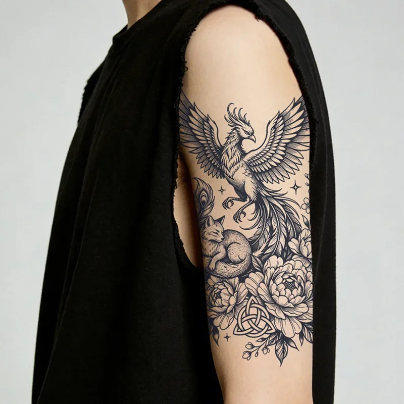 Phoenix Fox Peony Arm Sleeve Temporary Tattoo Sticker Waterproof Fake Tattoo Body Art for Women Men