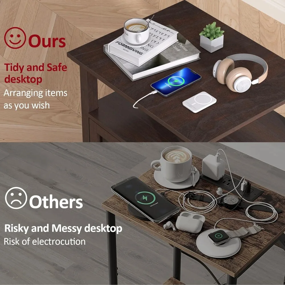 21 Inch Side Table with Bedroom Charging Station, Farmhouse Rustic Style Wood Sofa Side Table Set of 2 with Large Storage