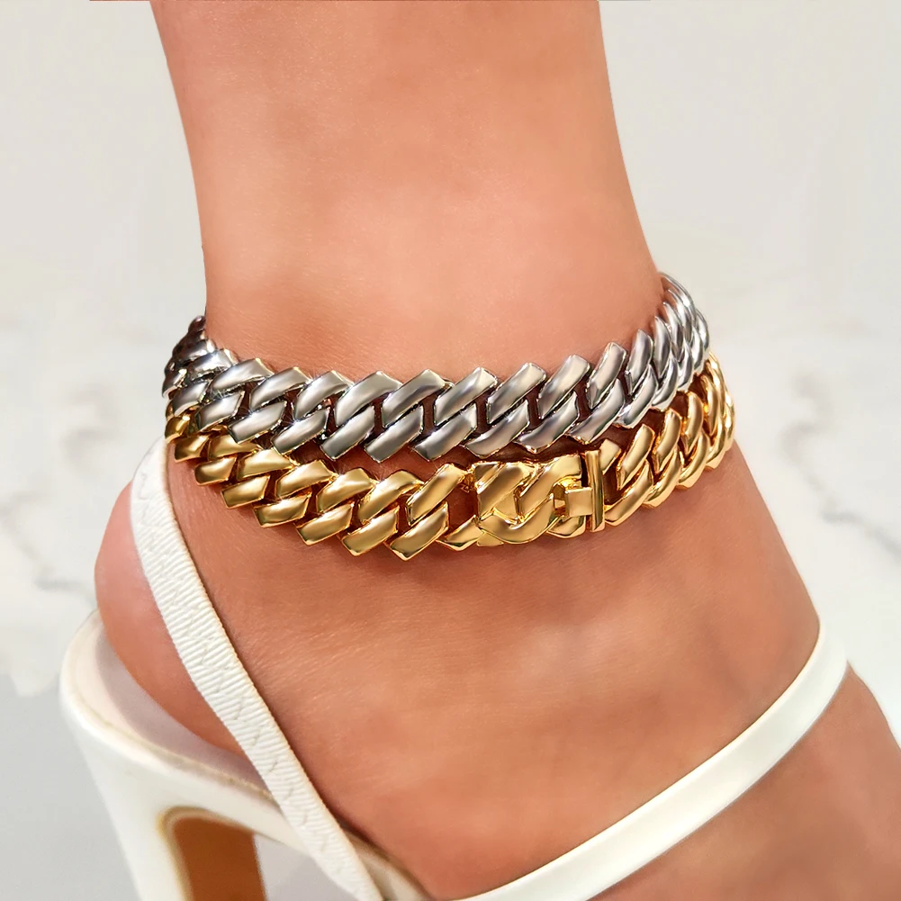 13/14MM Chunky Cuban Chain Anklet For Women Gold Silver Color Classic Cuban Link Ankle Chain Summer Sandals Anklets Foot Jewelry