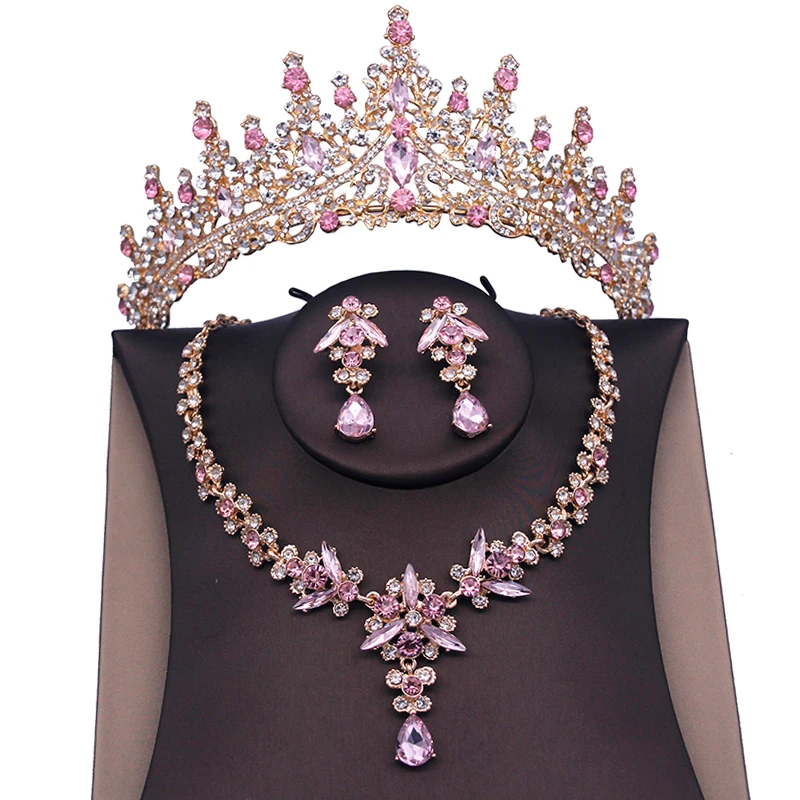 Gorgeous Pink Bridal Jewelry Sets for Women Luxury Tiaras Crown Sets Necklace Earrings Party Wedding Dress Bride Jewelry Set image 2