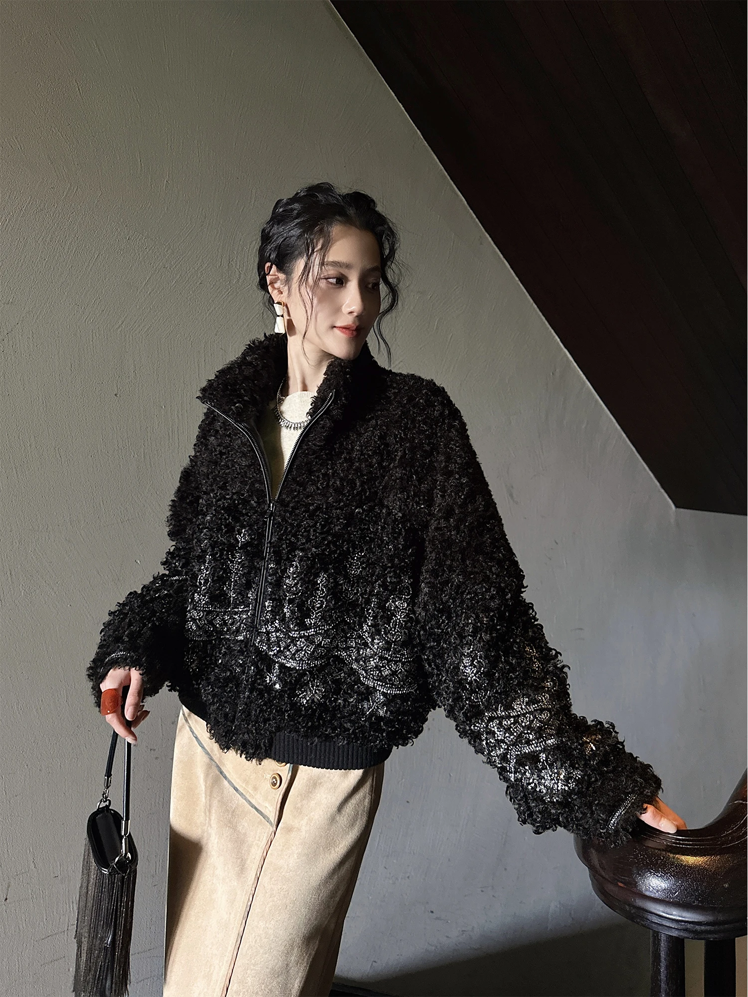 

Sanji Bla Flower New Chinese Sle Lamb Fur Jaet Women's Winter Faion Trendy Commute Loose Fit Long Sve Button up Coat