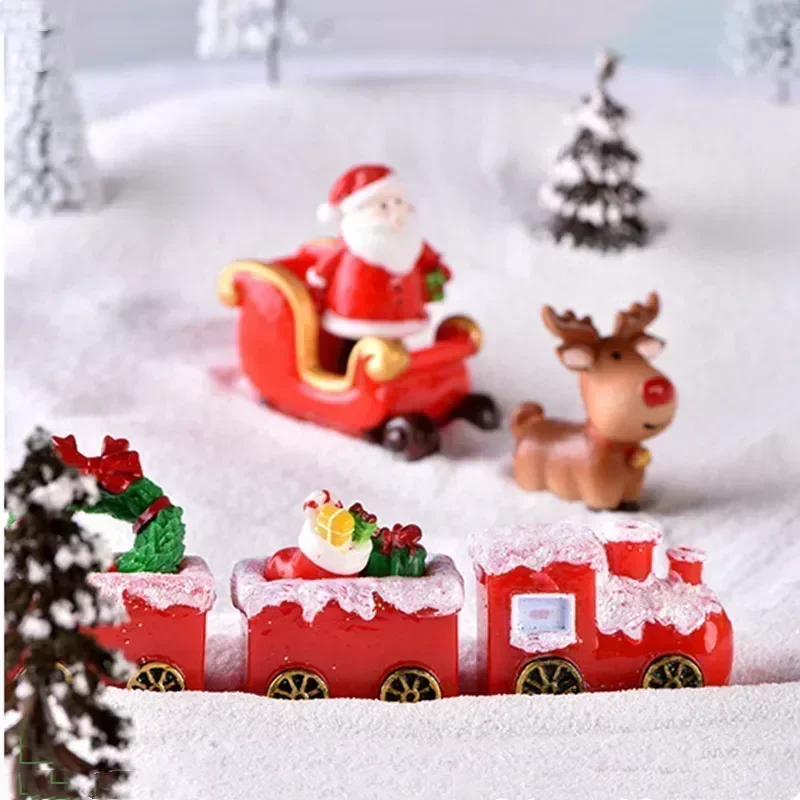 Mini Christmas Train Resin Figurines With Santa Elk Snowman Sleigh For Xmas Tabletop Landscape Home Holiday Party Decoration