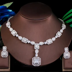 ThreeGraces Elegant Bridal Wedding Square Necklace Earrings Sets White CZ Zircon Silver Color Indian Women Party Jewelry TZ912