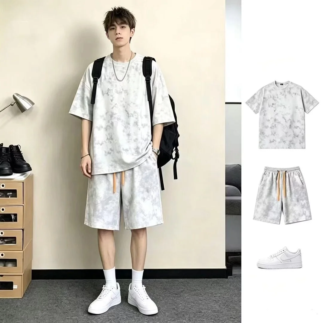High street short sleeved T-shirt shorts casual suit men's summer trendy brand plus size loose fitting clothes two-piece set