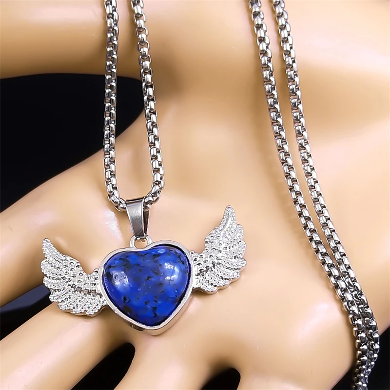 Y2k Sweet Love Heart Wing Alloy Pendant Necklace for Women Men Lazuli Stainless Steel Punk Chain Jewelry colar feminino NZZZ365