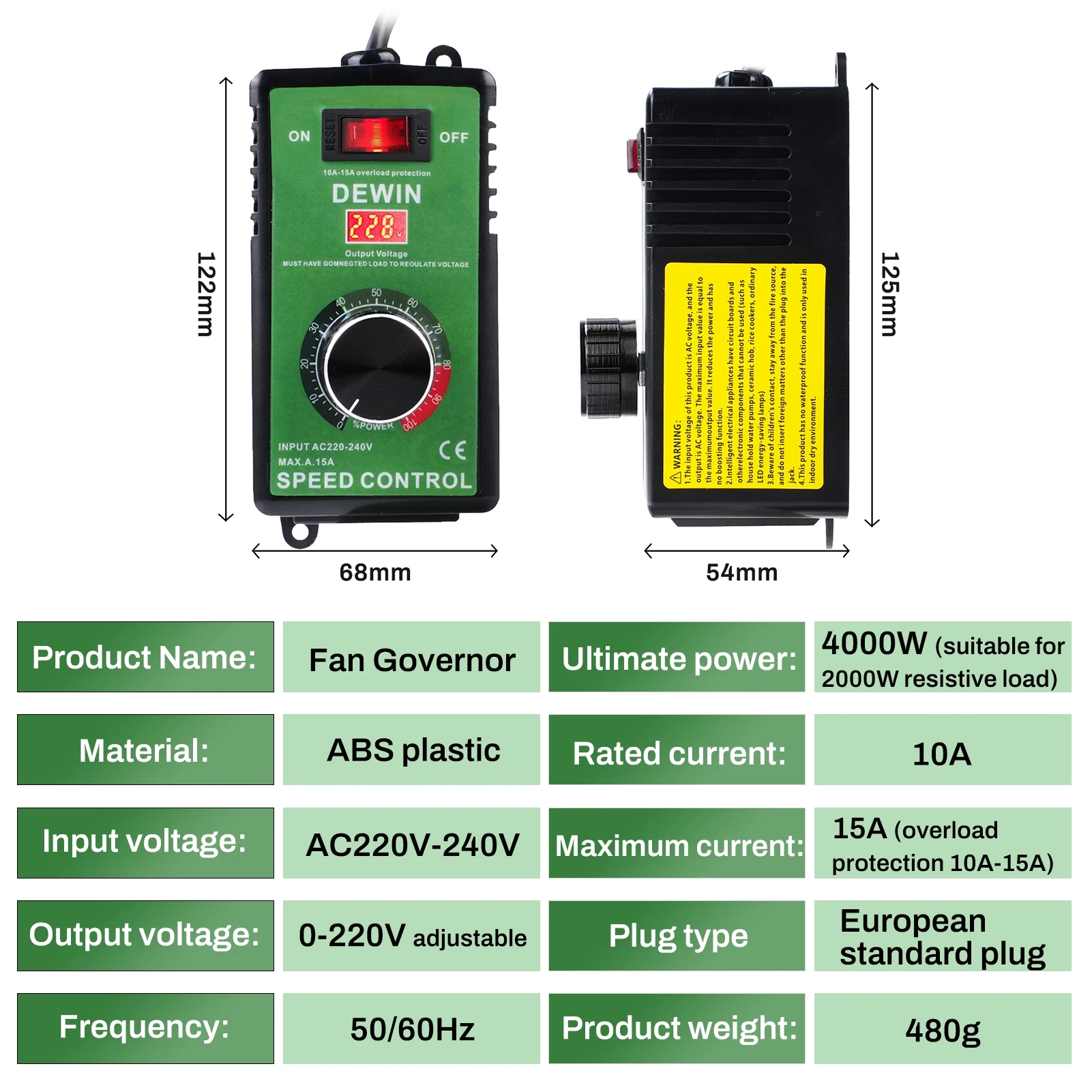 DewinLVD Speed Regulator Motor Fan Controller Stepless Speed Control Switch 15A Overload Protection EU Speed RegulatorControl