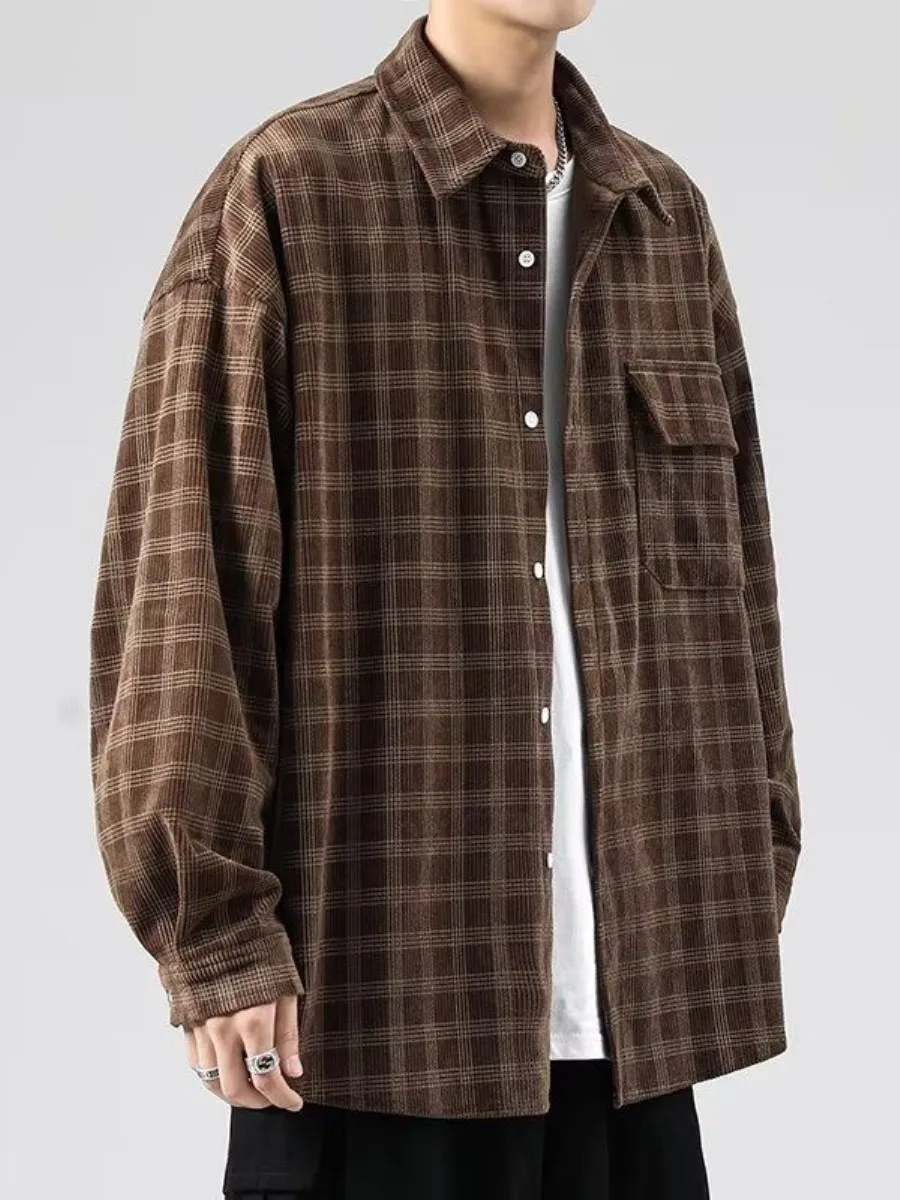 

Мужская клетка в стиле ретро irt Long Sve Corduroy Loose Fit Autumn Faion Гонконг Sle Японский свободный модный бренд Cool Feeling