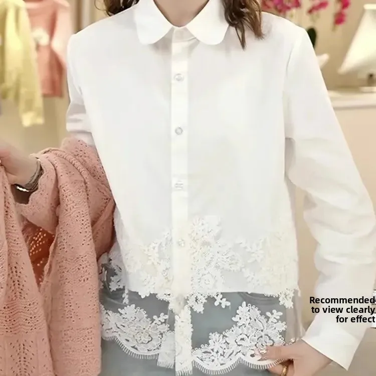 엘리 화이트 레이스 이트 홀로우 아웃 스플라이스 봄 가을 여성용 패션 칼라 롱 슬리브 이너웨어 레이어드 탑