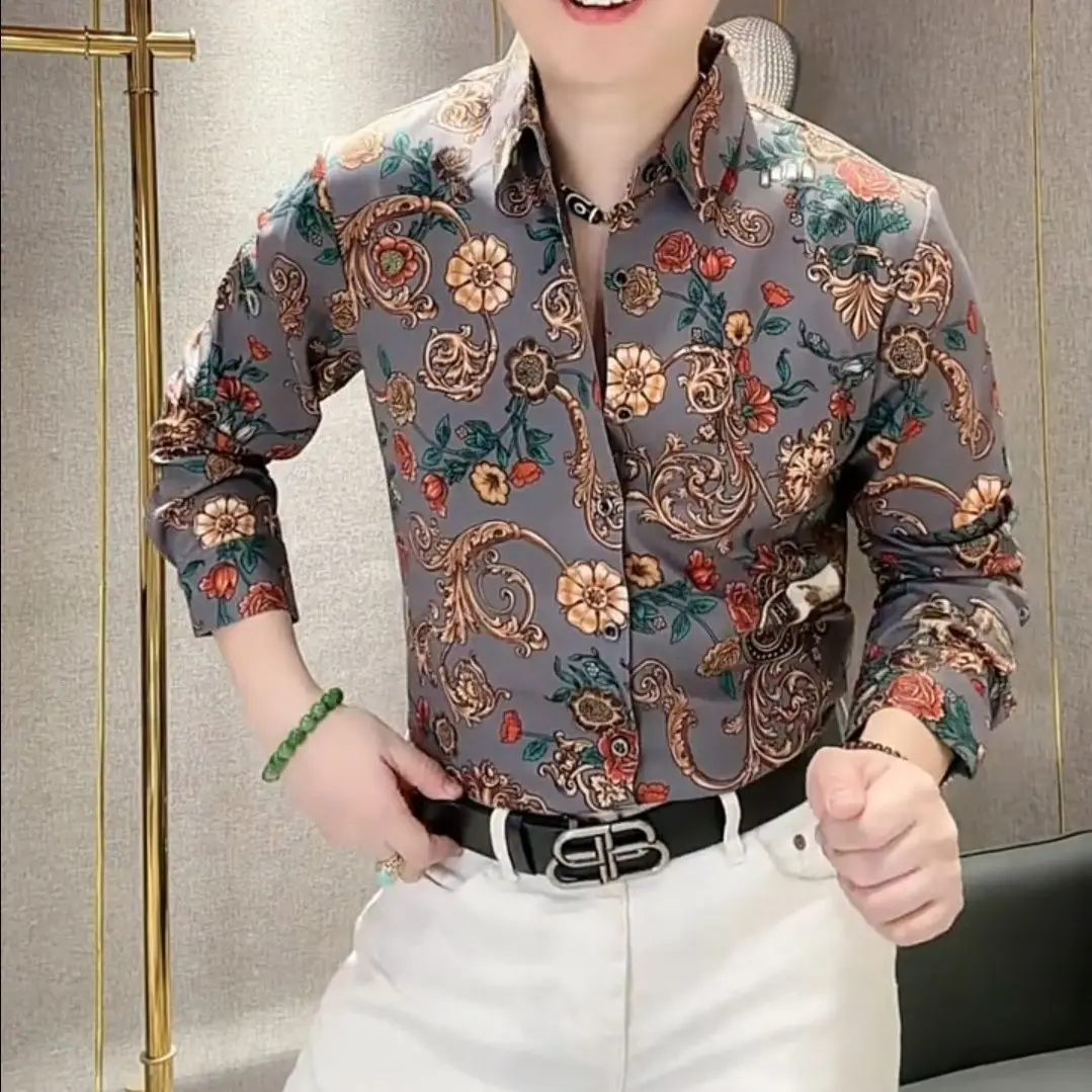 

Осень-зима, новые мужские модные рубашки с длинными рукавами с принтом, корейская версия, популярные красивые топы, мужская одежда с принтом