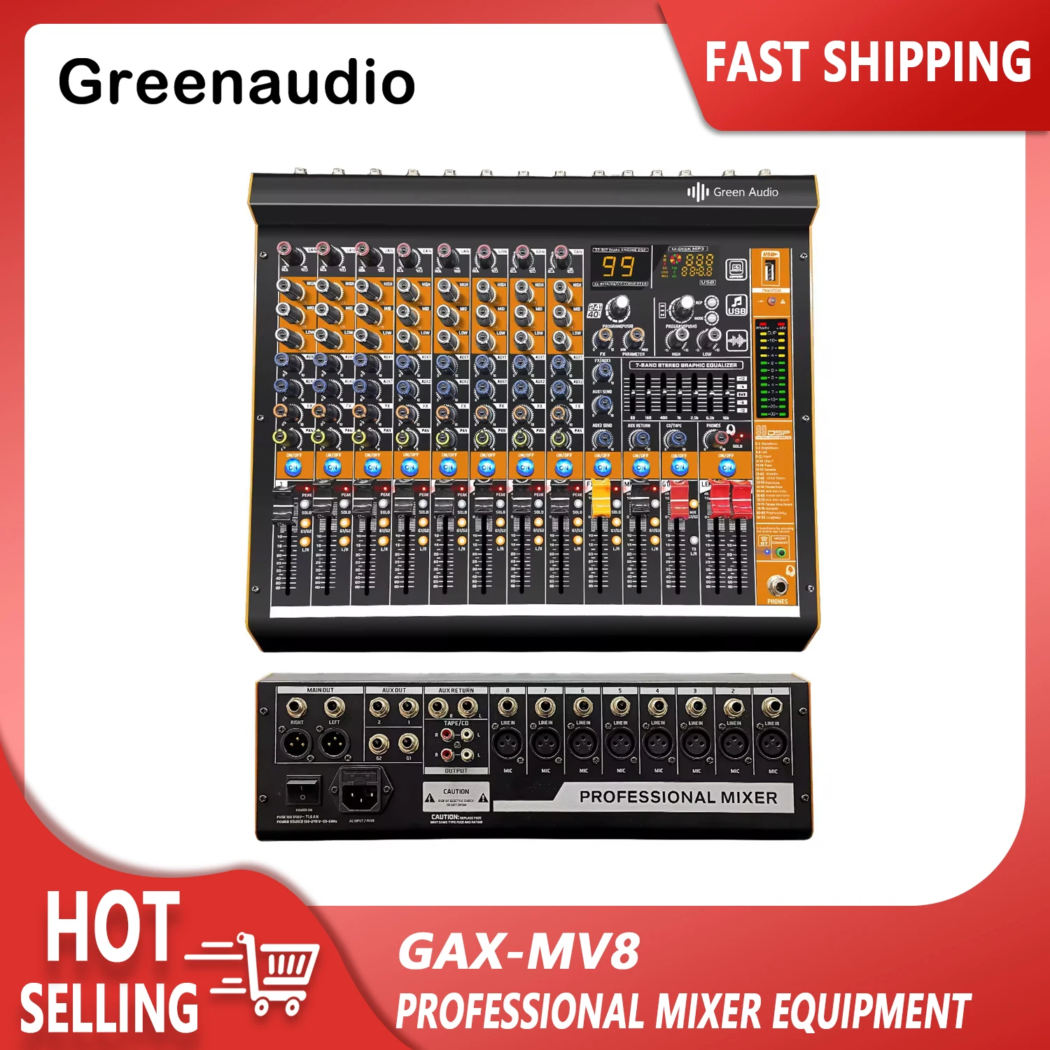 GAX-MV8 8 Channel Professional mixing console Dual 12 Band Level Display Main Output Recording Earphone Display Output