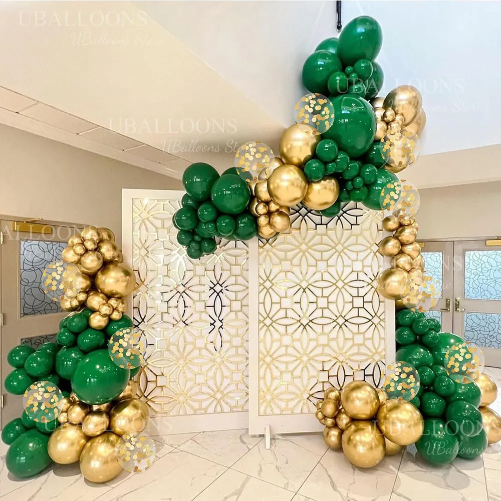 30pcs Gold Green Balloons 10'' Chrome Gold Confetti Dark Green Balloons for Birthday Wedding Safari Wild One Baby Shower Decor view 5