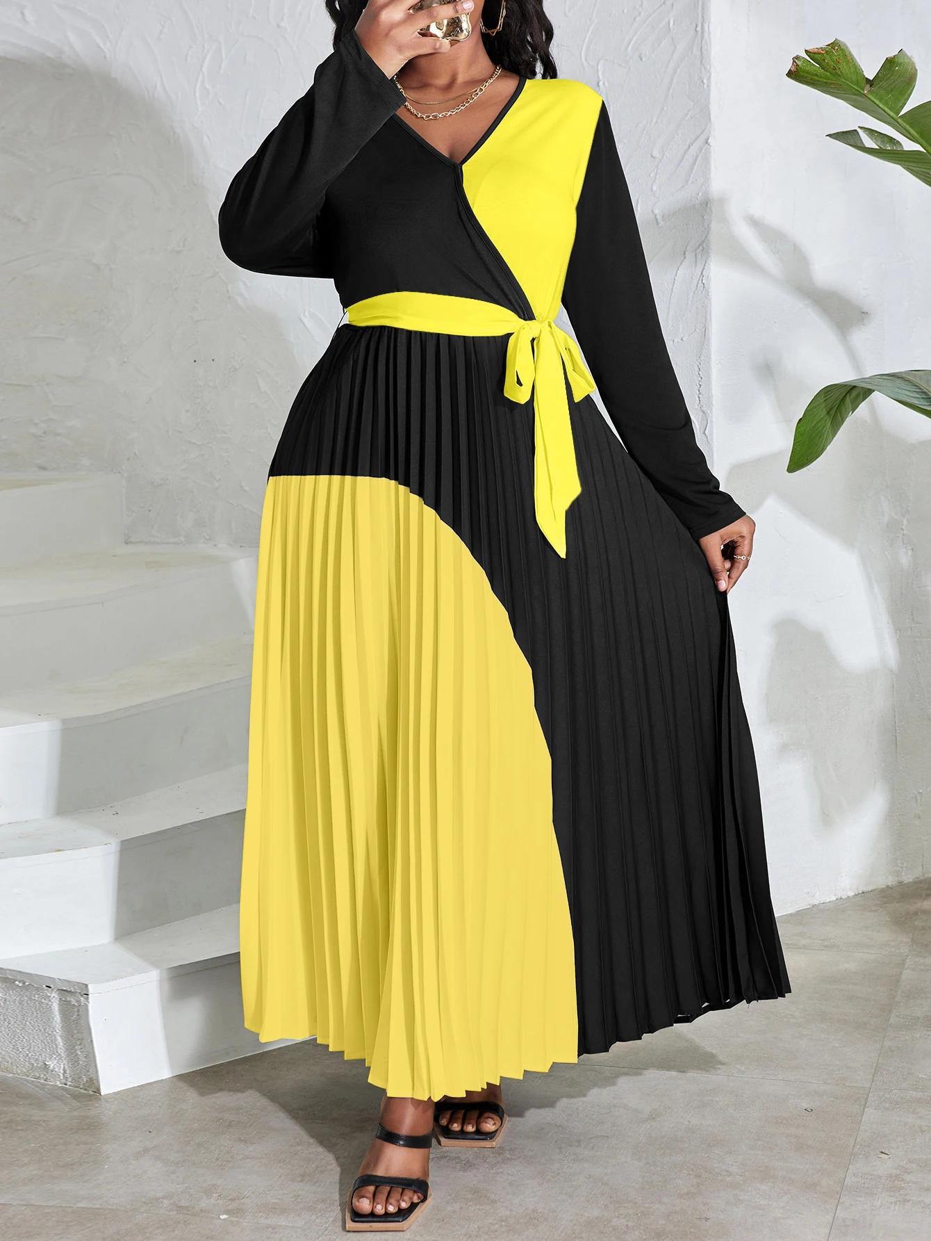 LW Plus Size Kobiety Jesień i zima Elegancki bandaż z długim rękawem Patchwork Komża na szyję Plisowana wiązana kolorowa sukienka w kształcie litery