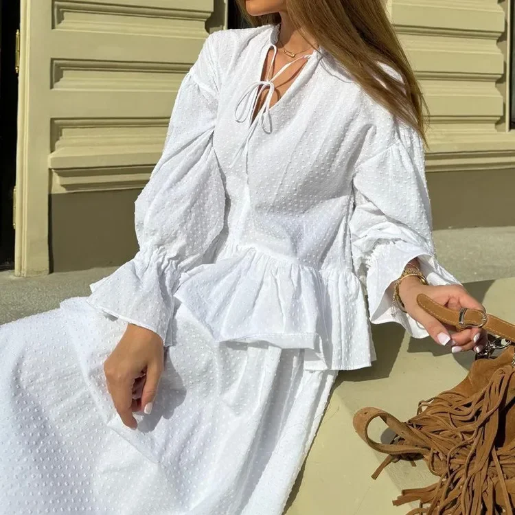 

Design Ruffled Loose Dress Women's V-neck Tie Bell Sleeve White Commuter Long Dress