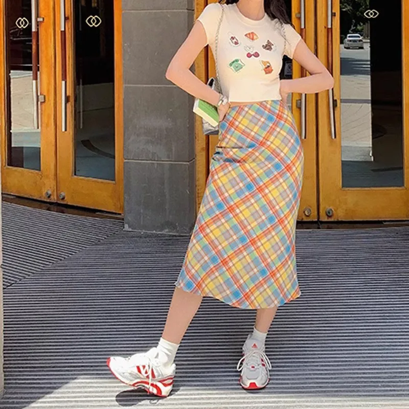 Women's Cute Japan Style Straight Slim Plaid Skirt Lady Summer Sweet Long Skirt