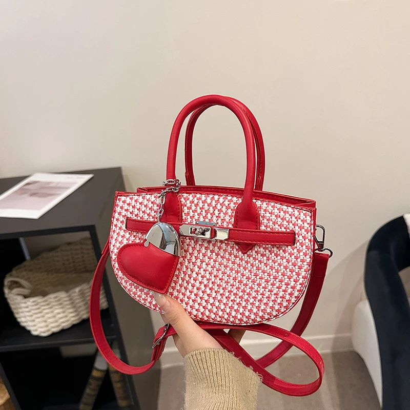 

Women's Mini Woven Satchel Bag with Heart Charm, Cute Saddle Crossbody Bag Small Top Handle Purse for Casual Daily and Party Use