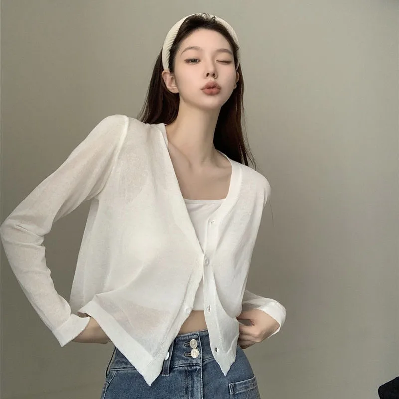 Lucyever Lazy Style Thin Knitted Cardigans Woman Summer Loose Sunscreen Knitwear Women Vintage Streetwear V-Neck Knit Coat Top