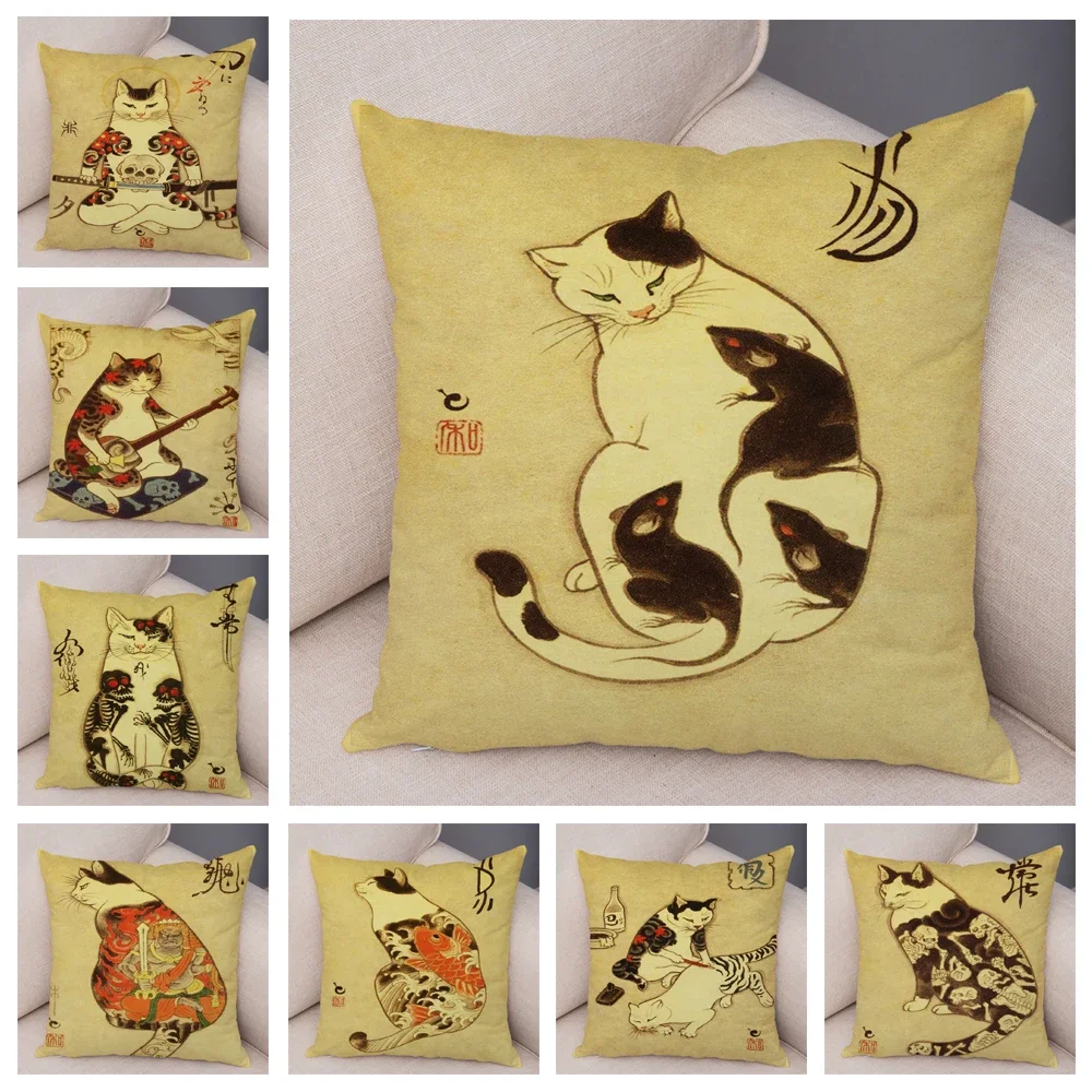 Vintage Japanese Samurai Cat Tattoo Cushion Cover Decor Retro Animal Pillowcase Sofa Home Car