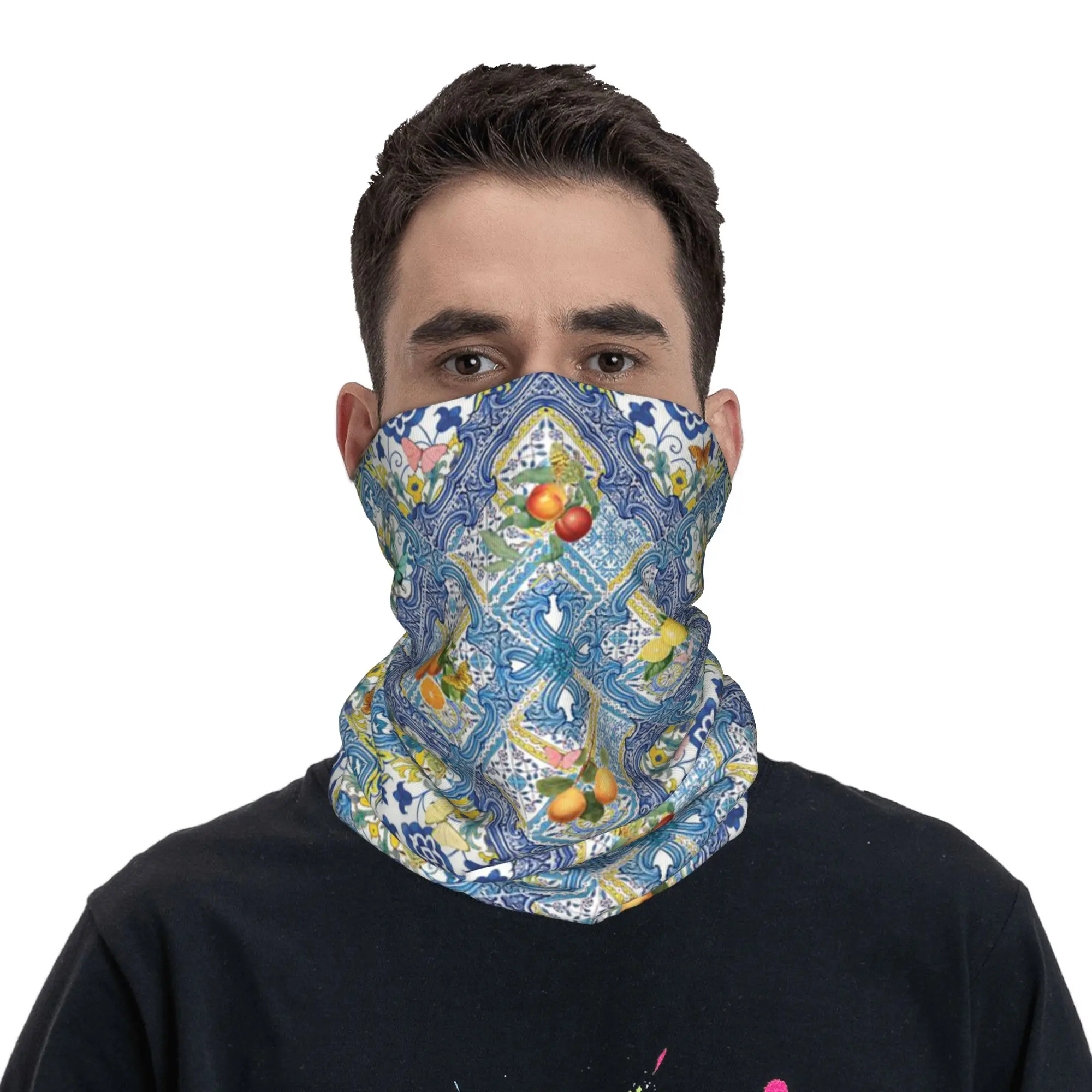 Mediterranean Tiles Italian Oranges Lemons And Citrus Fruit Bandana Neck Gaiter Printed Magic Scarf Cycling Scarf Outdoor Sports