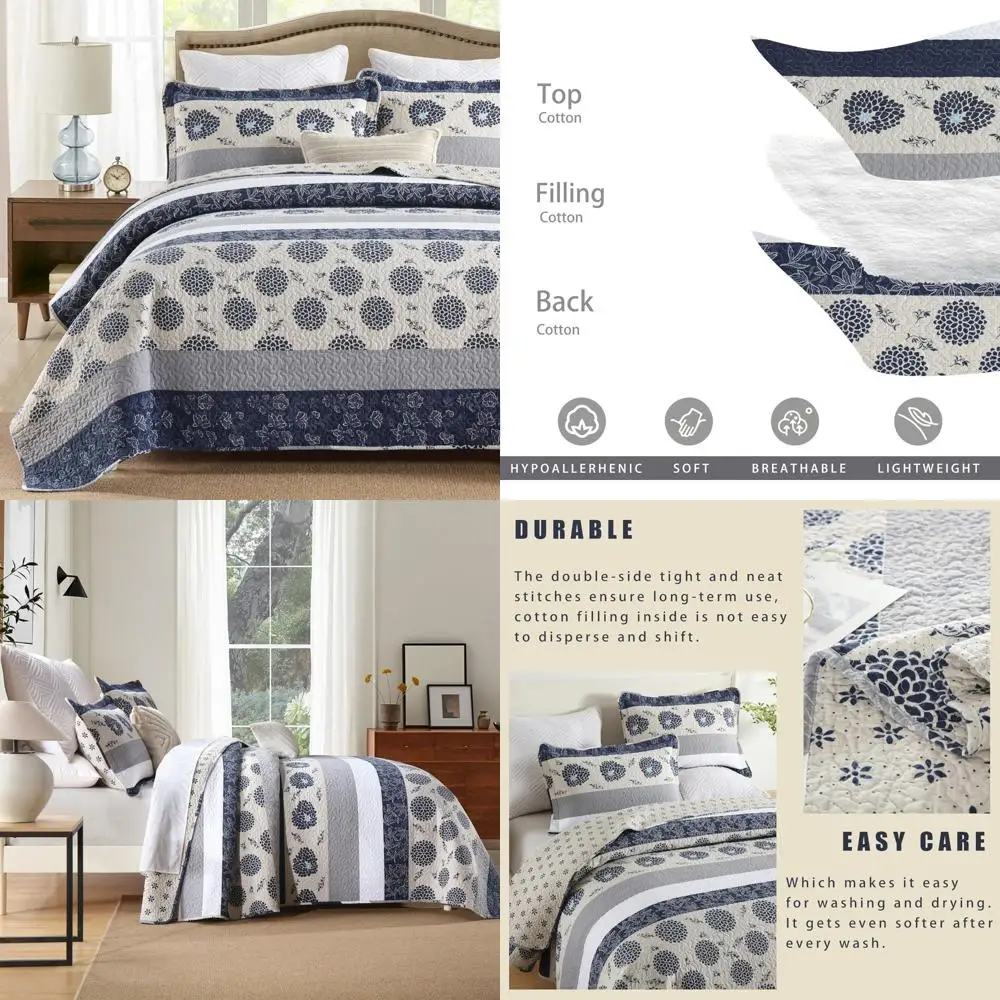 

Cotton King Size Quilt Set - Navy Blue, Beige, and Grey Striped Floral Pattern Bedspread