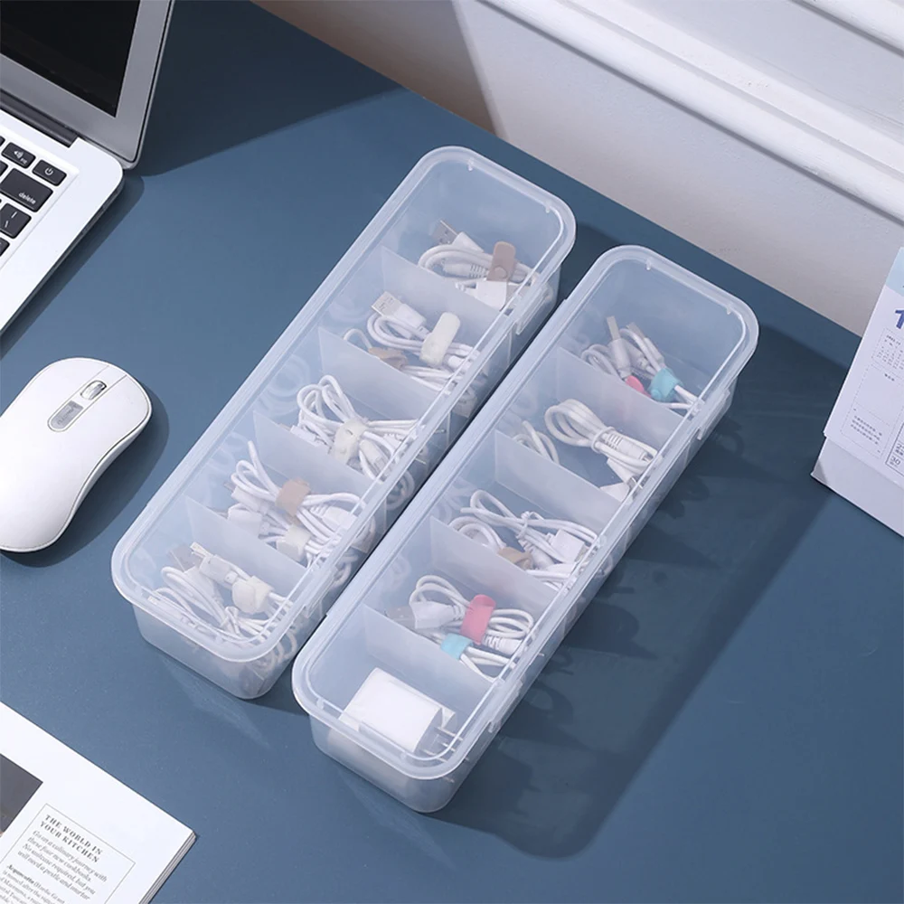 Transparent Cable Storage Box Organizer Charger Cord Sorting Storage Box 5 Grid Reusable Data Cable Earphone Container Holder