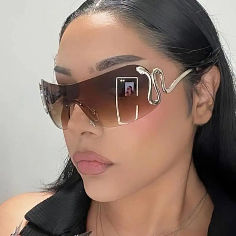 Rimless Designer Sunglasses Women 2024 New Goggle Sun Glasses Female Eyewear 2000\'S Oculos UV400 Sport Punk Snake Glasses Y2k