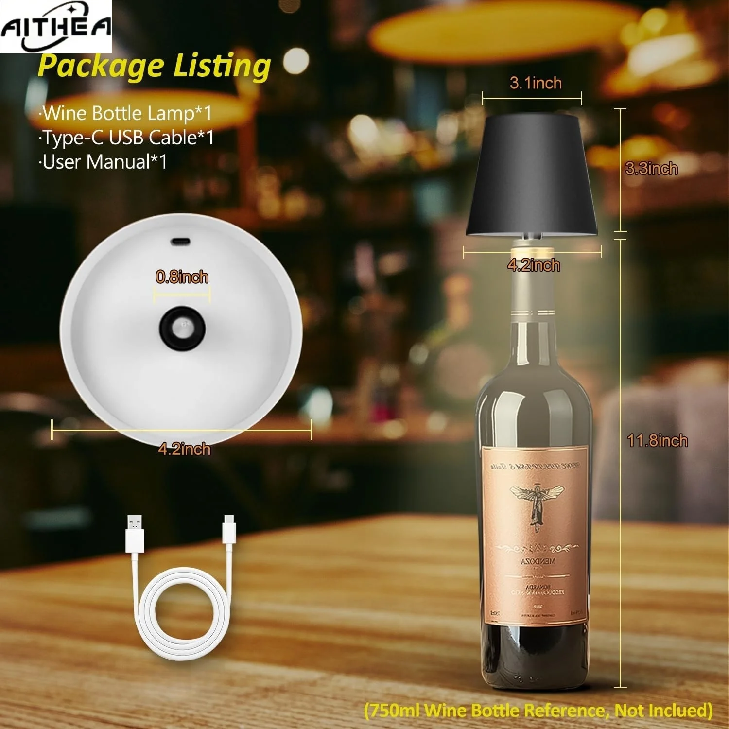 AITHEA Wireless Bottle Table Lamp Touch Control of 3 Colors and Stepless Dimming Night Lamp For Wine Bottles Decor Desk Lights