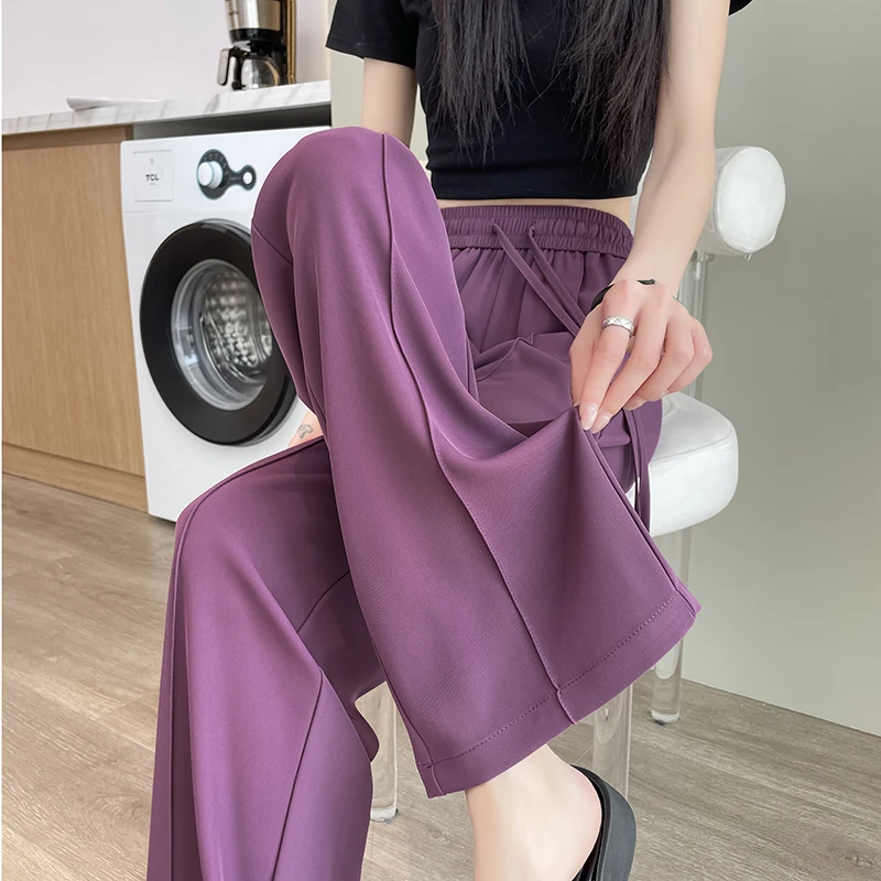 ผ้าไหมน้ําแข็งกางเกงขากว้างสําหรับผู้หญิงฤดูร้อนบางstyle2025 ใหม่ยอดนิยมเอวสูงแขวนผู้หญิงตรงหลอดครีมกันแดดกางเกง