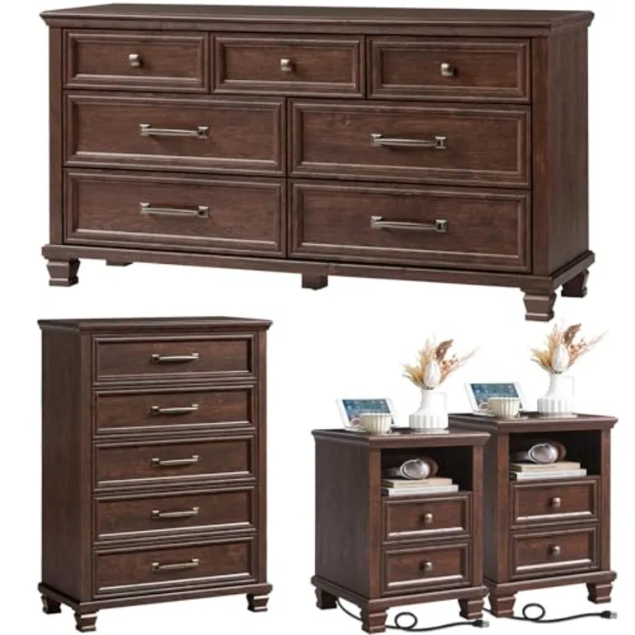 

Farmhouse Dresser and Nightstand Sets 4 Piece, 5/7 Drawer Dresser and 2 Drawer Nightstand Set, Rustic Wood Bedroom Furniture Se