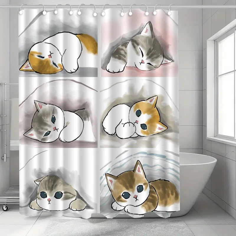 

Cute Sleeping Cats Shower Curtain Watercolor Art Design Bathroom Decor Waterproof Fabric Pet Lover Gift Idea Home Accessory