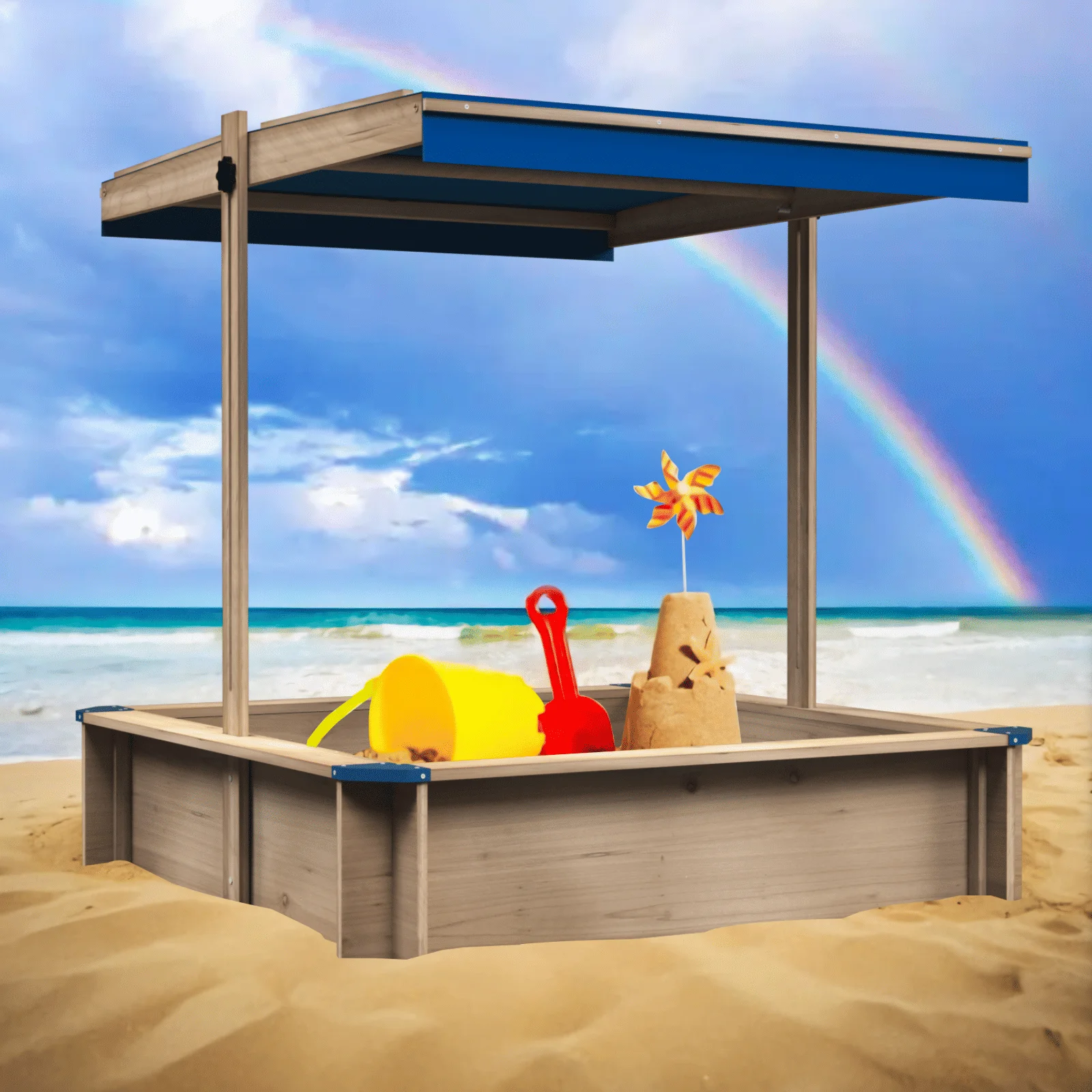 Children's Wooden Sandbox with Adjustable Canopy, Sand box with cover for Garden, Sand Pit