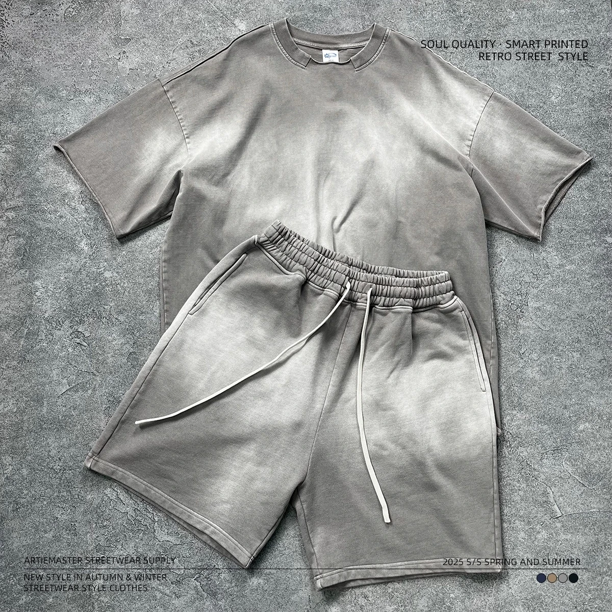 

2025 Summer Washing Water To Make Old American Retro Street Trend Brand Men's Short-sleeved Shorts Set