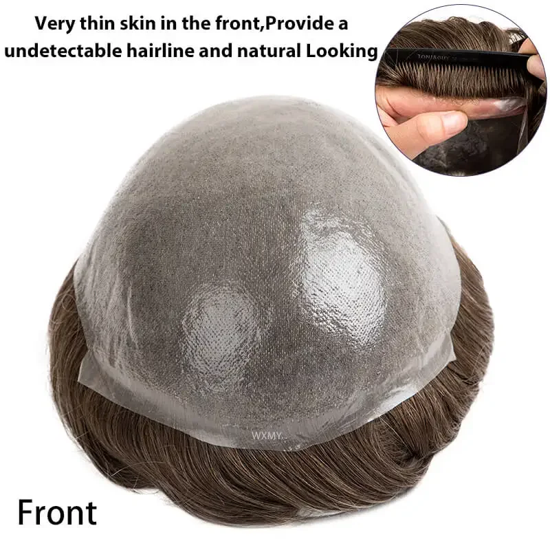 شعري طبيعي للرجال الشعر المستعار 0.04-0.06 مللي متر قاعدة الجلد الرقيق 6 "شعر مستعار بشري ريمي شعر مستعار الذكور الشعرية الاصطناعية