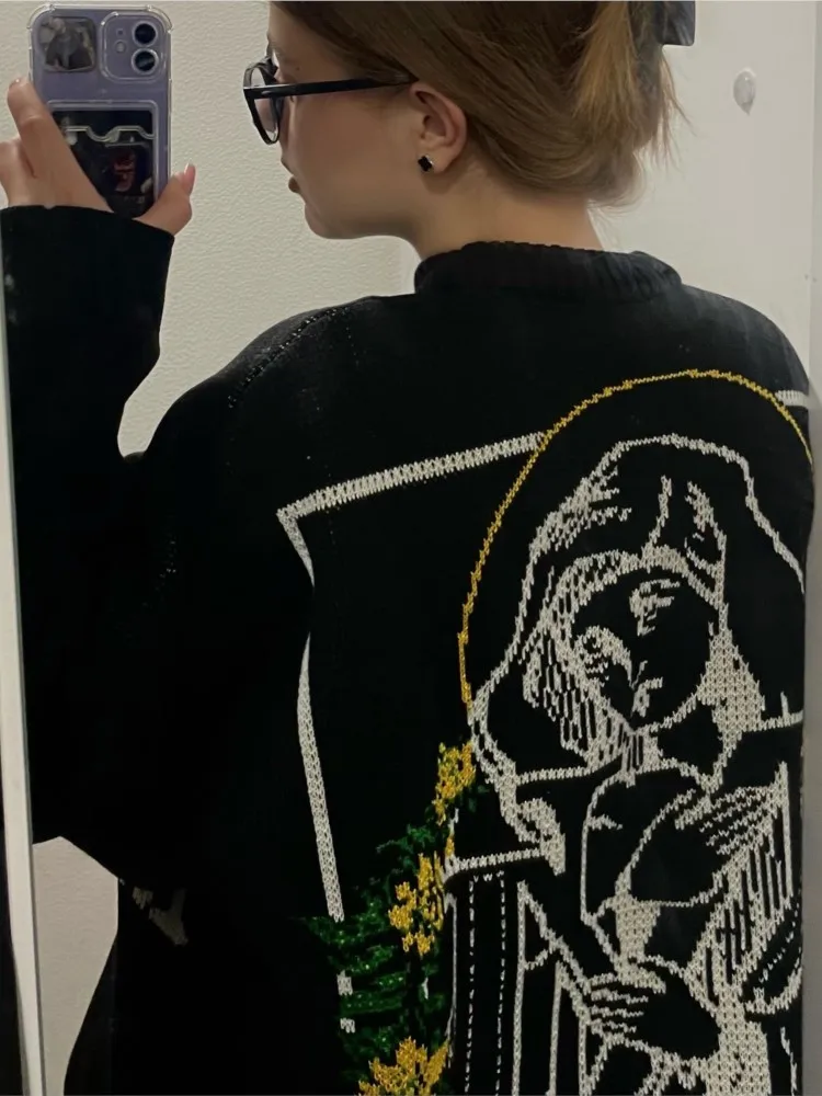 Harajuku Sweater Марселин MN Icon Graphic Winter Pullover Knit Tops Hip Hop Fashion Jumper Coat Y2k Streetwear Clothing Punk Top