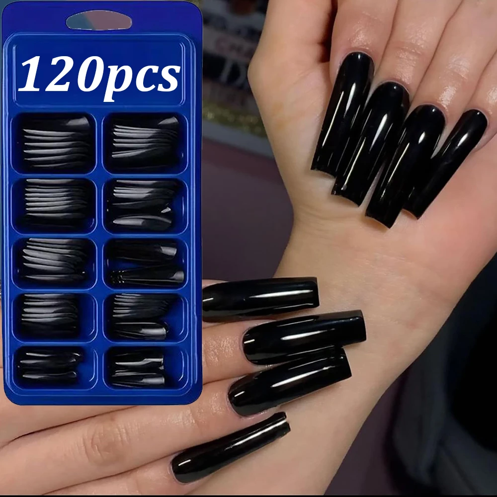 120개 블랙 숏 스퀘어 인조 손톱 롱 글로시 풀커버 아크릴 인조 손톱 퓨어 블랙 코핀 프레스온 네일