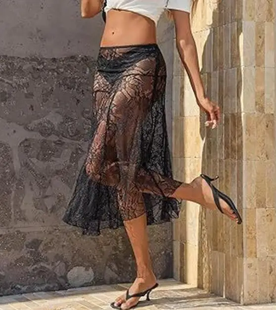 

2026 Summer New Women's Solid Color Slimming Bag Hip Hop Fashion Sexy Perspective High Waist Lace Half Skirt