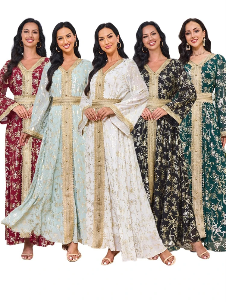 

Muslim Kaftan for Women Party Dresses Jalabiya Bronzing Sashes Arab Maxi Robe Eid Ramadan Morocco Islam Dubai