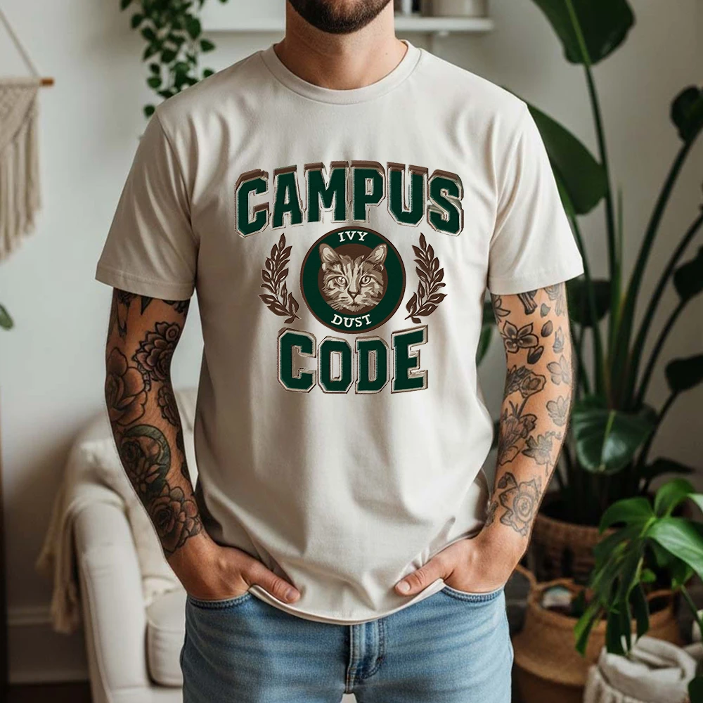 New Summer Mens 100% Cotton T Shirt Campus Code Ivy Dust Retro College Badge Cat Logo Print Breathable Short Sleeve Daily Wear