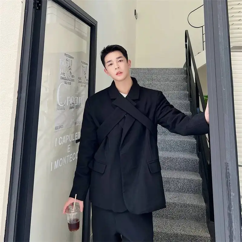 الرجال السترة الدعاوى بلون طويل الأكمام عبر العنق عارضة زر أسفل الدعاوى الشارع الشهير الكورية الأزياء رقيقة معاطف