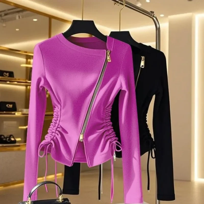Fashion Side Drawstring Slim Fit Jackets Zipper Asymmetric Short Coats Spring Summer Outerwear Sports Elegant Office Lady