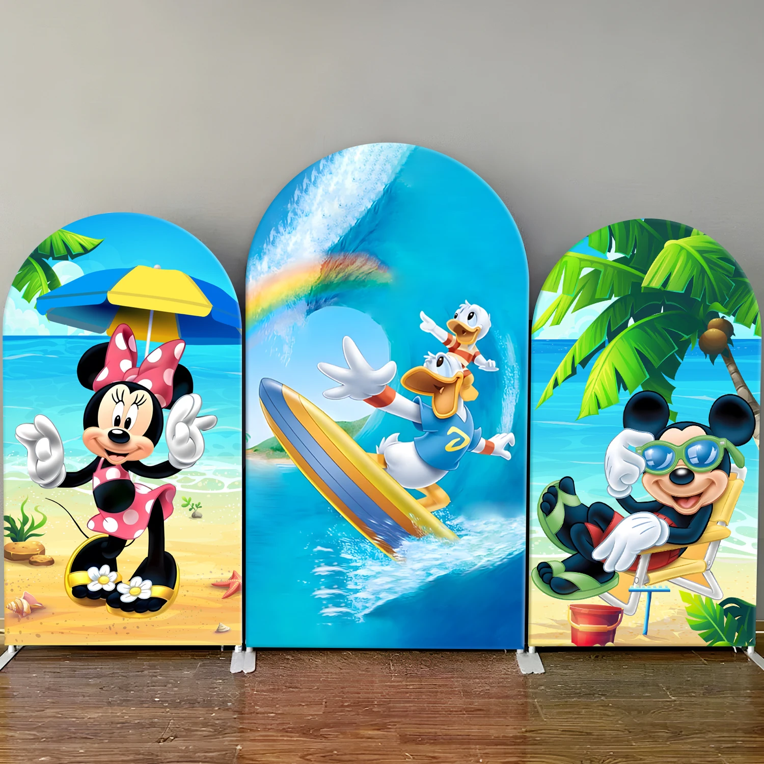 

Mickey & Minnie Arch Backdrop Cover Disney Summer Surf Birthday Party Kids Baby Shower Hawaiian Theme Photography Background
